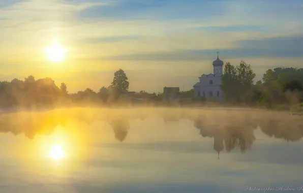 Картинка небо, туман, река, рассвет, храм