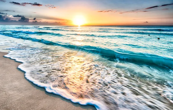 Картинка песок, море, солнце, рассвет, берег, горизонт, Мексика, прибой