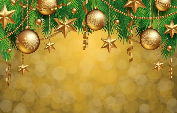 Картинка украшения, шары, елка, Новый Год, Рождество, golden, Christmas, balls