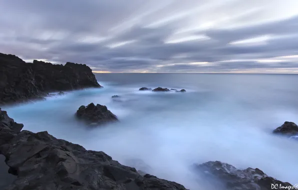 Clouds, rocks, sundown, Ocean