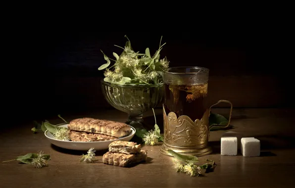 Стакан, чай, печенье, сахар, липа