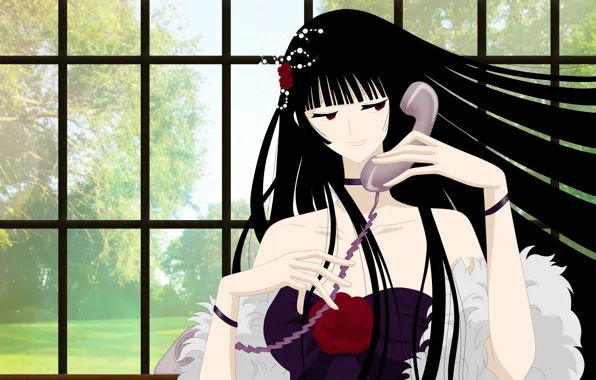 Девушка, аниме, окно, арт, телефон, xxxHolic