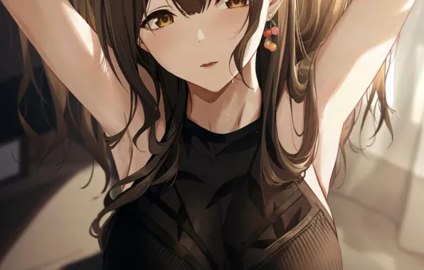 Girl, sexy, blouse, long hair, brown hair, brown eyes, boobs, anime
