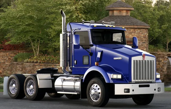 Картинка деревья, синий, грузовик, t800, передок, truck, тягач, трак