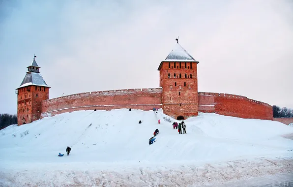 Картинка зима, снег, дети, город, обои, башня, кремль, wallpaper