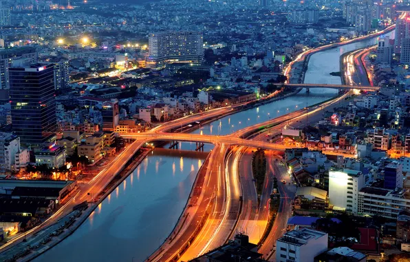 Картинка река, здания, Вьетнам, мосты, ночной город, Vietnam, Сайгон, Хошимин
