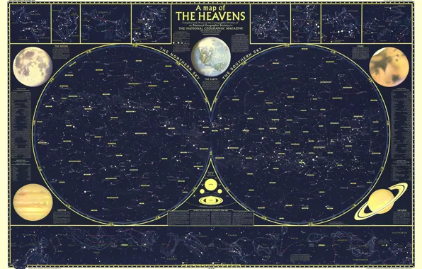 Картинка космос, звезды, карта, 1957, Heavens, зодиаки