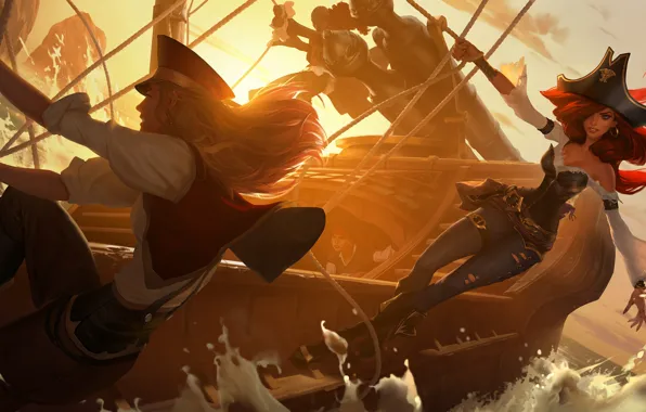 Закат, девушки, корабль, Miss Fortune, пиратки, Legends of Runeterra