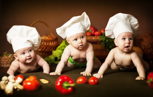 Картинка дети, малыши, трио, овощи, трое, колпак, корзины, поварята
