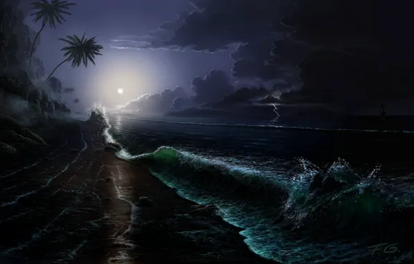 Картинка море, волны, ночь, тучи, камни, пальмы, скалы, луна
