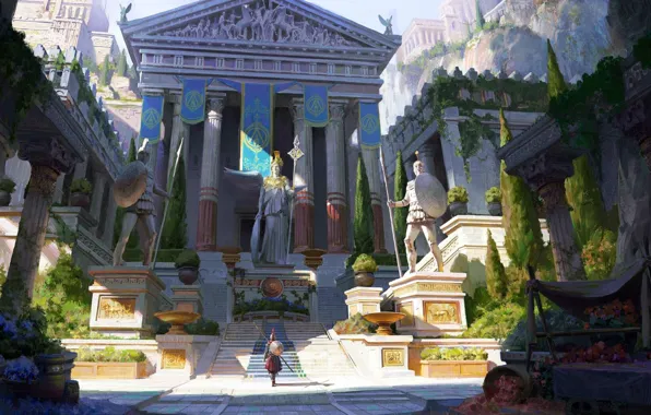 Лестница, колонны, храм, щит, статуи, копья, знамена, кипарисы