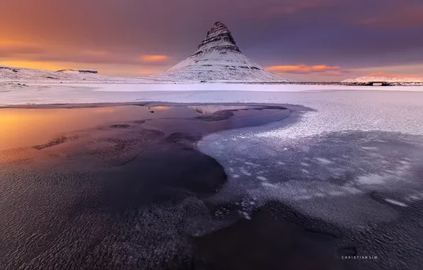 Картинка зима, снег, гора, вечер, вулкан, Исландия, Kirkjufell