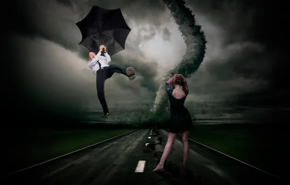 Девушка, зонт, смерч, торнадо, полёт, парень