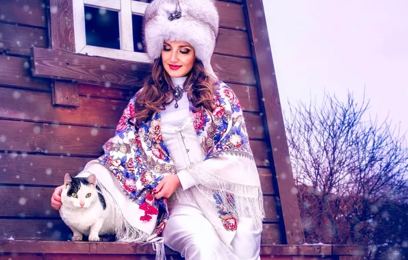 Зима, кот, девушка, снег, шапка, платок, меха, этно