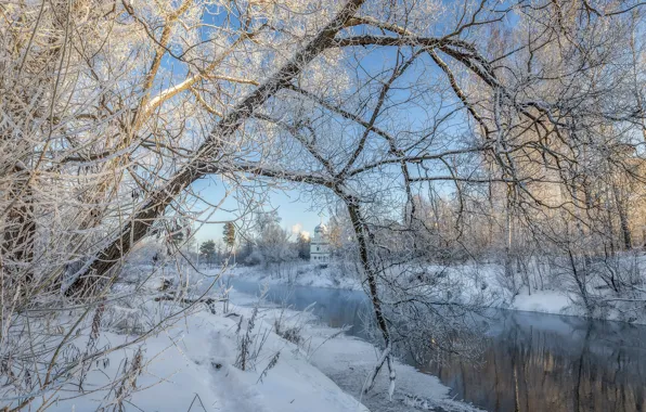 Картинка зима, снег, деревья, пейзаж, природа, река, храм, Елена Гусева