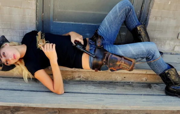 Girl, gun, jeans, cowboy, boots