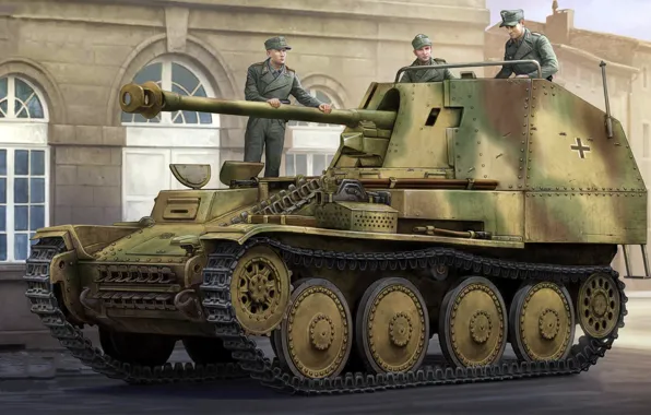 Рисунок, вермахт, самоходная артиллерийская установка, Marder III, немецкая противотанковая САУ