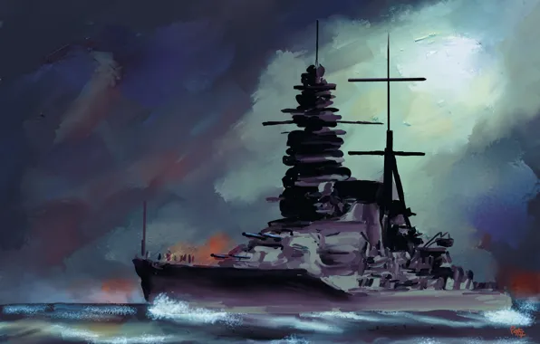 Картинка море, небо, живопись, линкор, японского, флота, императорского, «Муцу»