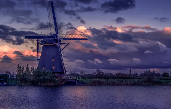 Облака, пейзаж, природа, река, вечер, мельница, Нидерланды, Голландия