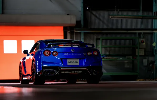 Синий, Nissan, GT-R, вид сзади, R35, 50th Anniversary Edition, 2020, 2019