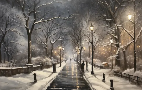 Картинка зима, снег, деревья, парк, аллея
