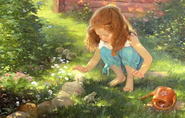 Картинка лето, трава, лягушка, лейка, цветочки, на корточках, в саду, рыжая девочка