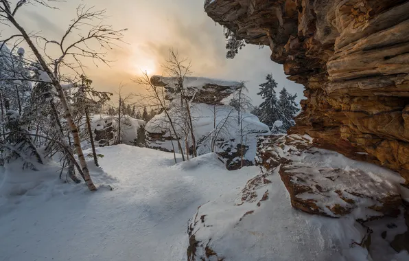 Sunset, rocks, snow