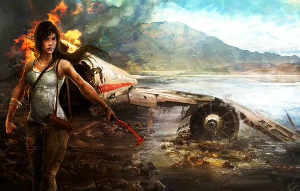 Картинка авария, девушка, горы, самолет, пожар, остров, Tomb Raider, Расхитительница гробниц