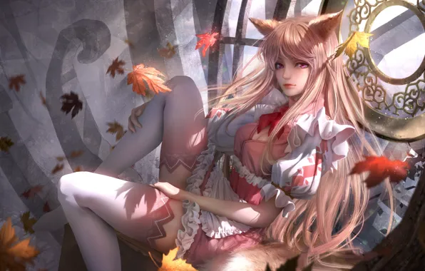 Листья, девушка, хвост, неко, ушки, anime, art