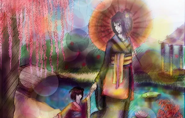 Картинка девушка, зонтик, дерево, Япония, девочка