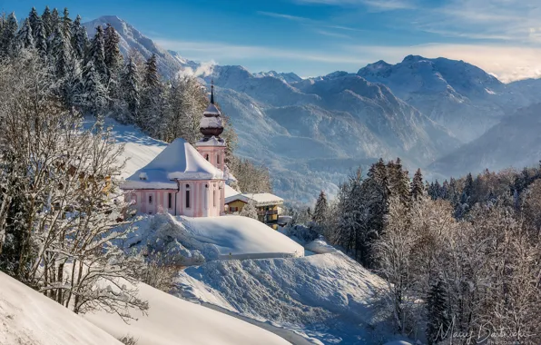 Зима, горы, Германия, Бавария, церковь, Germany, Bayern, Berchtesgaden