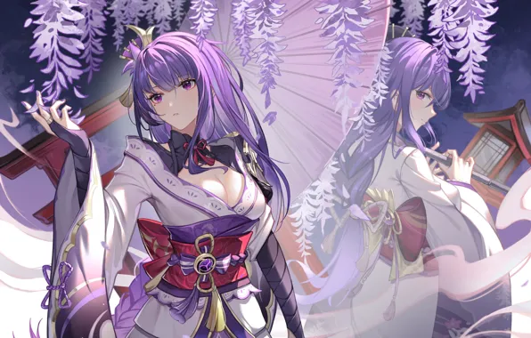 Аниме, декольте, cleavage, жест, anime, фиолетовые волосы, purple hair, gesture