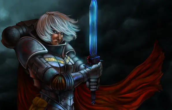 Девушка, красный, меч, арт, броня, плащ, Adepta Sororitas, Warhammer 40k