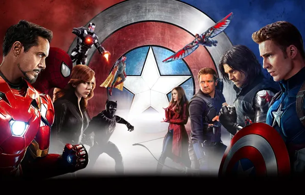 Картинка Scarlett Johansson, Vision, Iron Man, Falcon, Captain America, spider man, Black Widow, Robert Downey Jr.