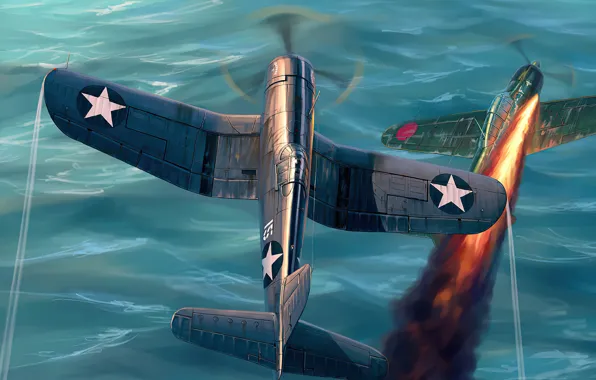 Картинка war, art, airplane, aviation, ww2, a6m zero, F4u Corsair