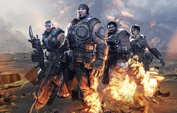 Картинка оружие, огонь, команда, Gears of War 3