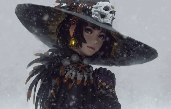 Картинка снег, стрижка, череп, перья, голубые глаза, серый фон, серьга, в шляпе