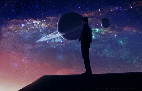 Картинка крыша, космос, ночь