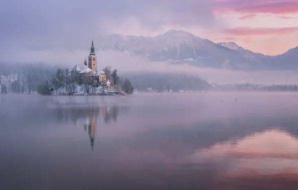 Картинка зима, горы, озеро, отражение, остров, утро, Словения, Lake Bled