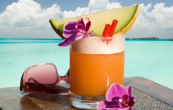 Картинка пляж, лето, фрукты, напитки