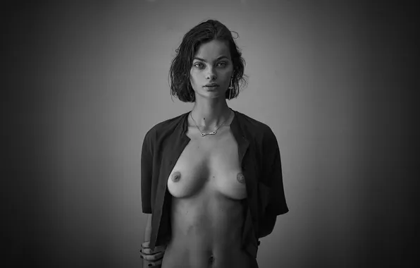 Black&white, girl, monochrome, model, lips, topless, look, Moa Aberg