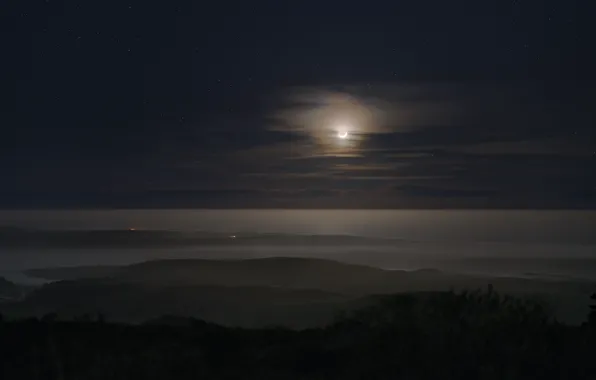 Горы, ночь, луна, moon, sky, night, mountains, stars