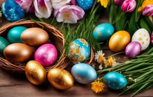 Картинка цветы, яйца, весна, colorful, Пасха, happy, flowers, spring