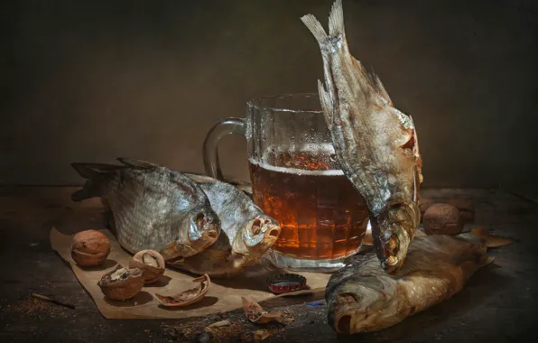 Картинка бокал, пиво, орехи, натюрморт, сушёная рыба, таранка, Владимир Володин, таранька