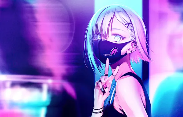 Girl, smile, mask, anime girl, coloful, peace sign