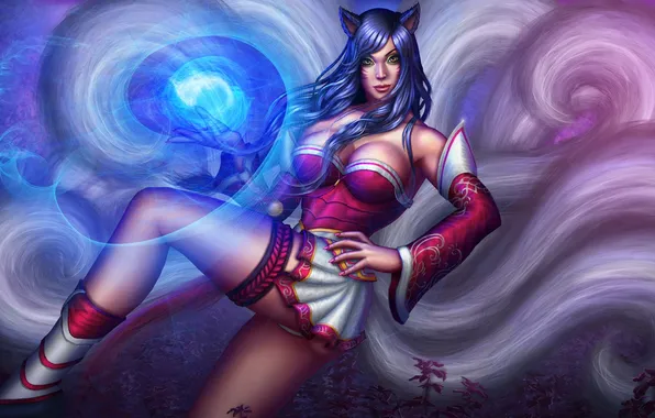 Грудь, девушка, ноги, юбка, хвост, lol, League of Legends, Ahri