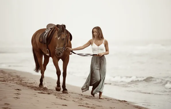 Картинка море, девушка, конь, берег