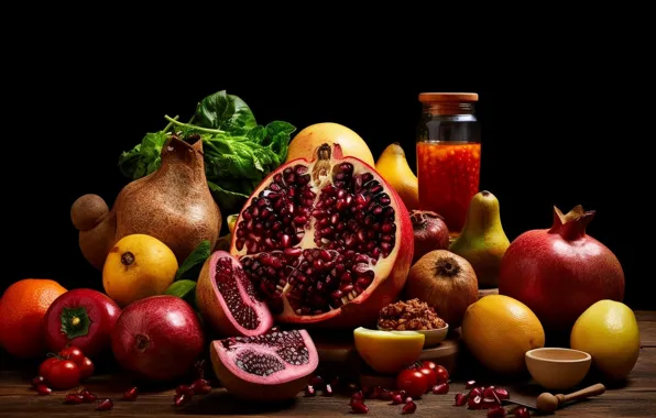 Листья, стол, еда, банка, фрукты, черный фон, натюрморт, груши