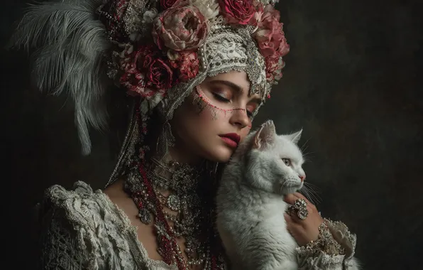 Кошка, белый, кот, девушка, украшения, цветы, темный фон, макияж