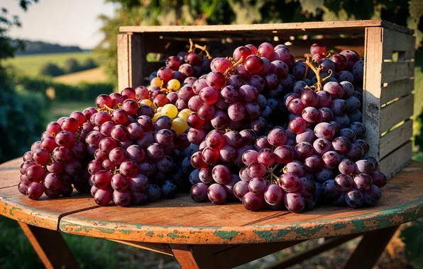 Лето, свет, красный, ягоды, стол, сад, урожай, виноград